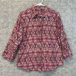 LAUREN RALPH LAUREN Silk Blend Blouse Ikat Print Button Front Purple Medium Top